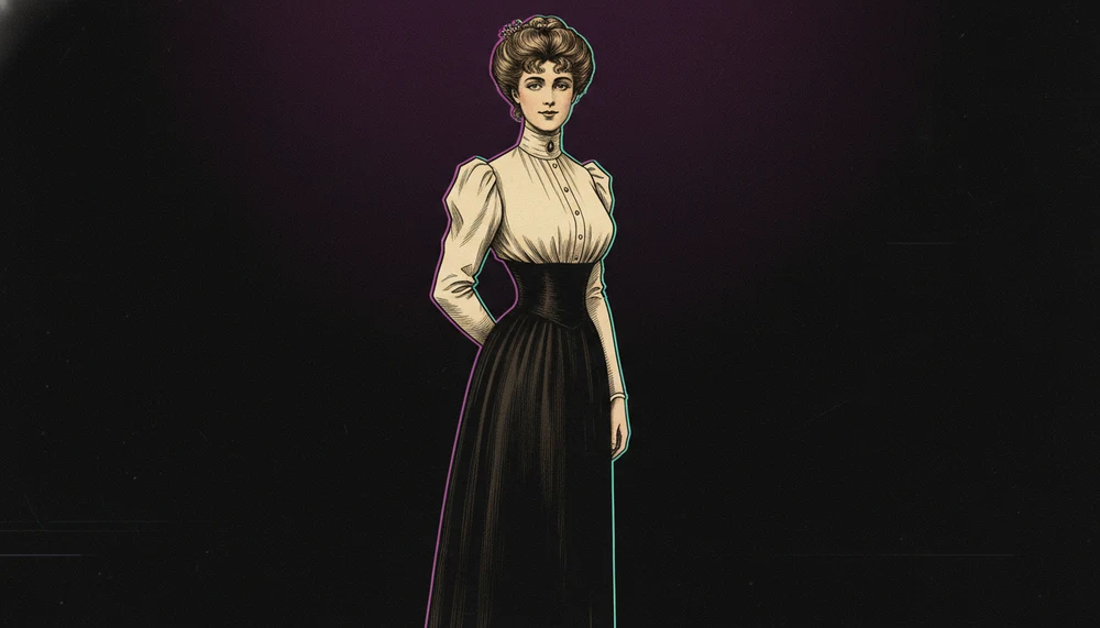 Ilustração estilo Gibson Girl em pen and ink Edwardian com tratamento glitch duotone sutil sobre fundo neon