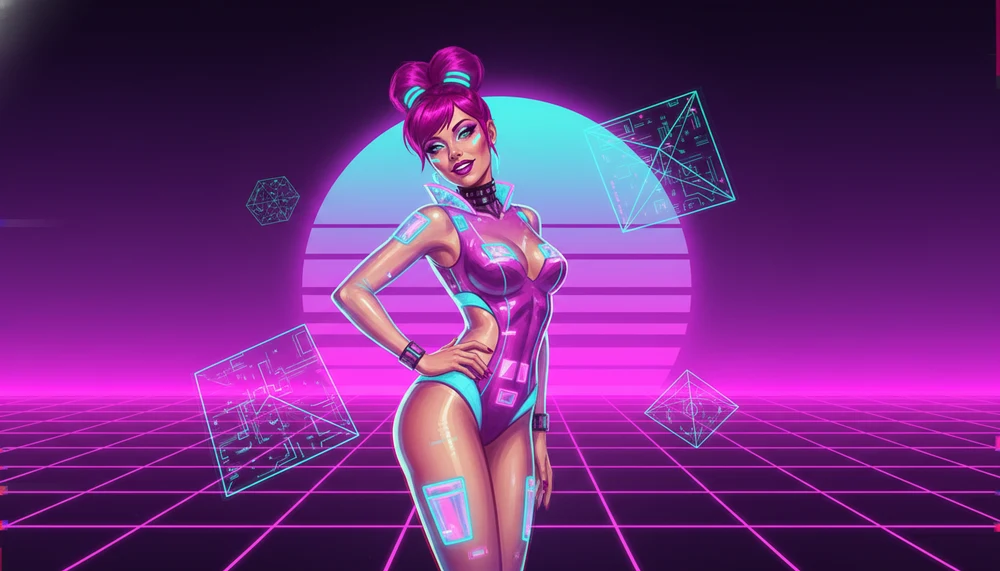 Pin-up futurista em estética vaporwave synthwave com grid magenta no chão e sol cyan no horizonte