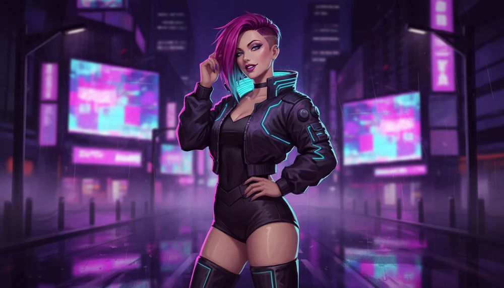 Pin-up moderna cyberpunk em rua de Tokyo iluminada por neon magenta e cyan, estilo anime e Blade Runner