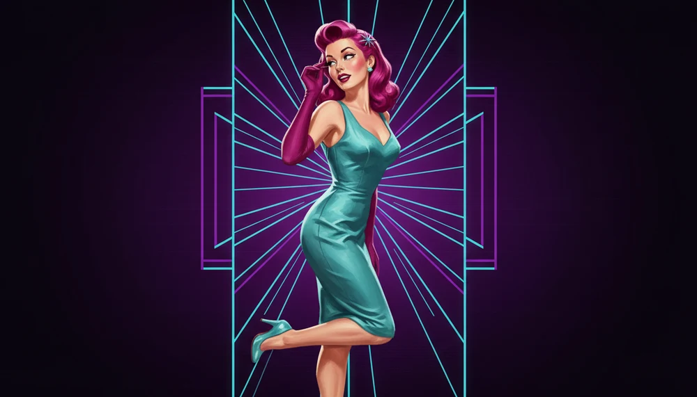 Pin-up clássica dos anos 1950 reimaginada em paleta neon cyberpunk com framing art deco geométrico