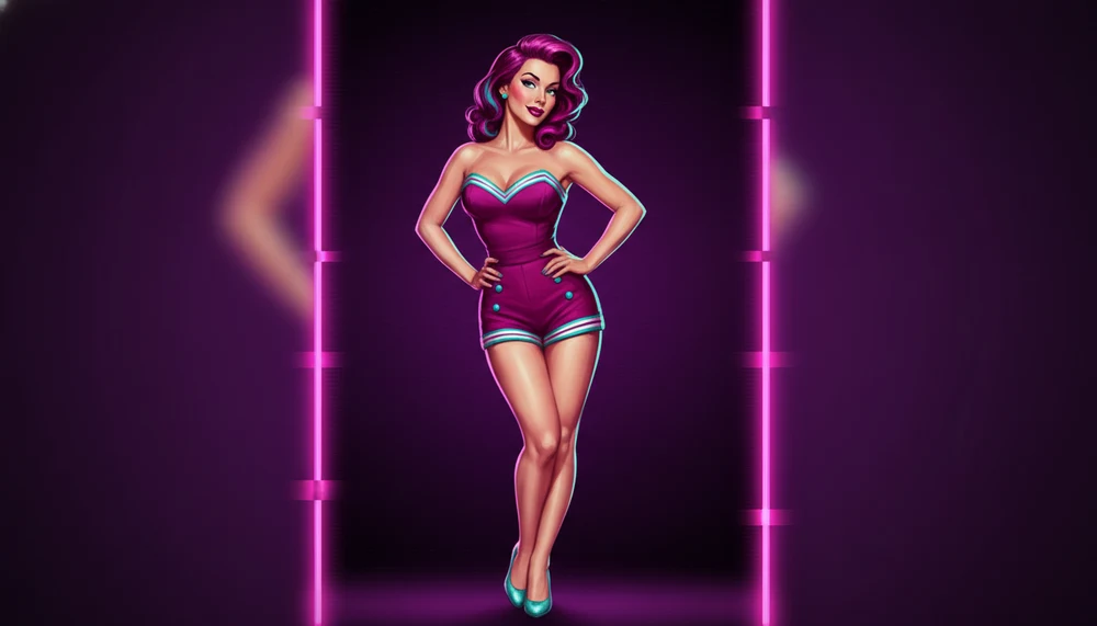 Ilustração de pin-up vintage estilo Gil Elvgren tratada com efeito glitch duotone em paleta neon magenta e cyan