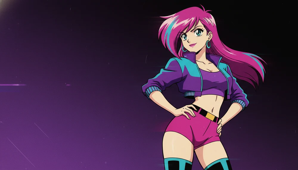 Pin-up em estilo anime cel-shaded dos anos 1990 com paleta saturada VHS e tratamento retro